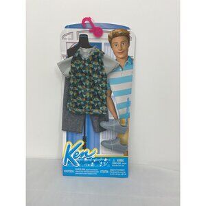 Ken Fashion Doll Outfit Geometric Print Shirt Denim Shorts Silver Shoes